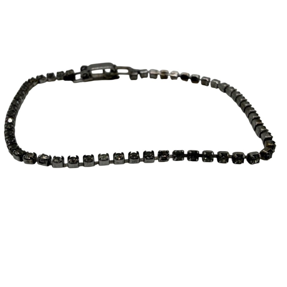 Gunmetal Rhinestone Tennis Bracelet Clear Crystal Dark Metal Fold Over Clasp 7"